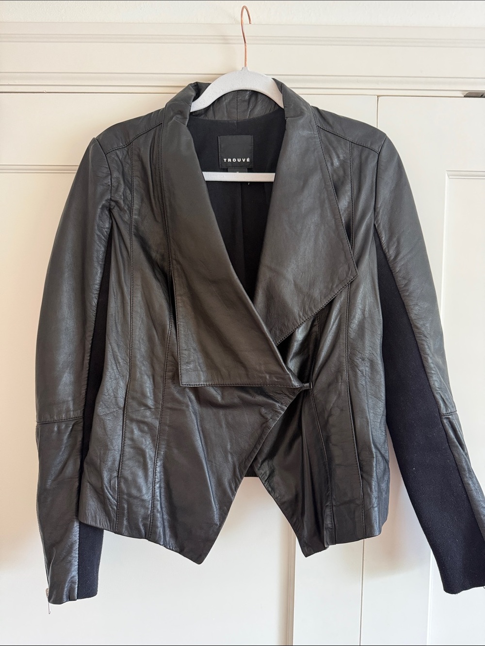 Trouve Black Leather Asymmetrical Draped Jacket